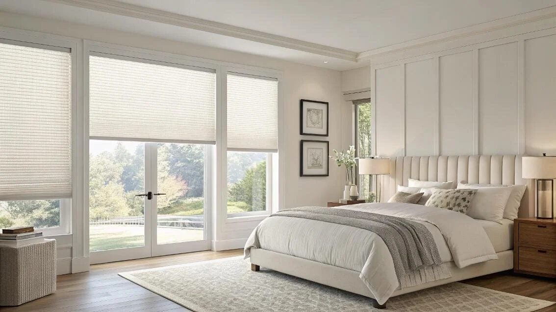 Motorized shades in a peaceful bedroom