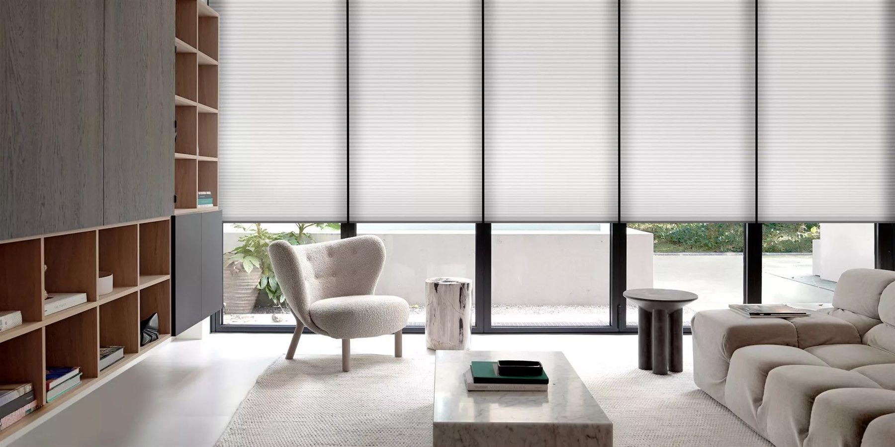 Modern custom shades in a light-filled living room